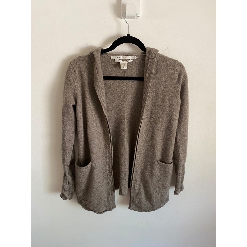 Max Studio Womens 100% 2 Ply Cashmere Hooded Cardigan Sweater Taupe Brown Small
